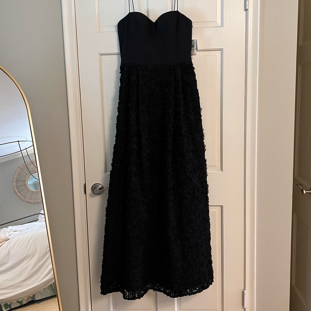 Aiden mattox strappy black crepe gown with rosette fabric